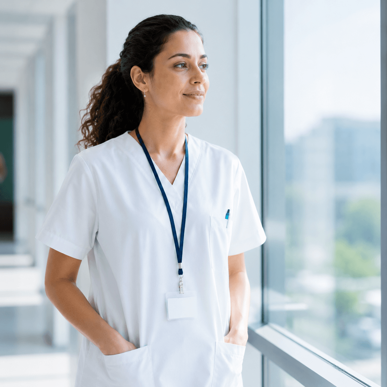Infirmière regardant par une grande fenêtre lumineuse d'une clinique