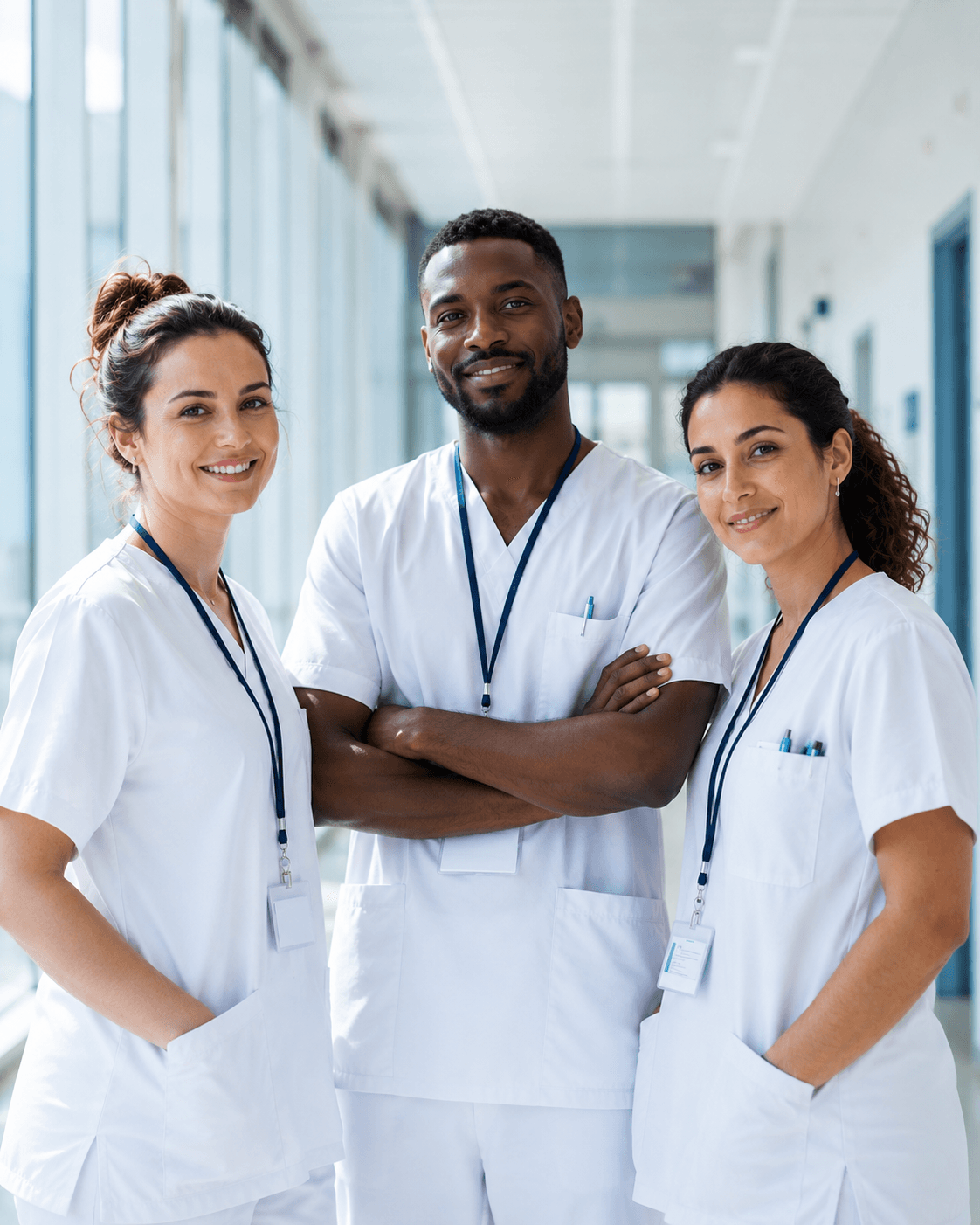 Trois infirmiers et infirmières diplômés d'État, souriants, dans un couloir de clinique lumineux